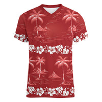 Red Hawaii Palm Tree Hibiscus Women V-Neck T-Shirt Fantasy Summer Vibe LT01 Female Red - Polynesian Pride