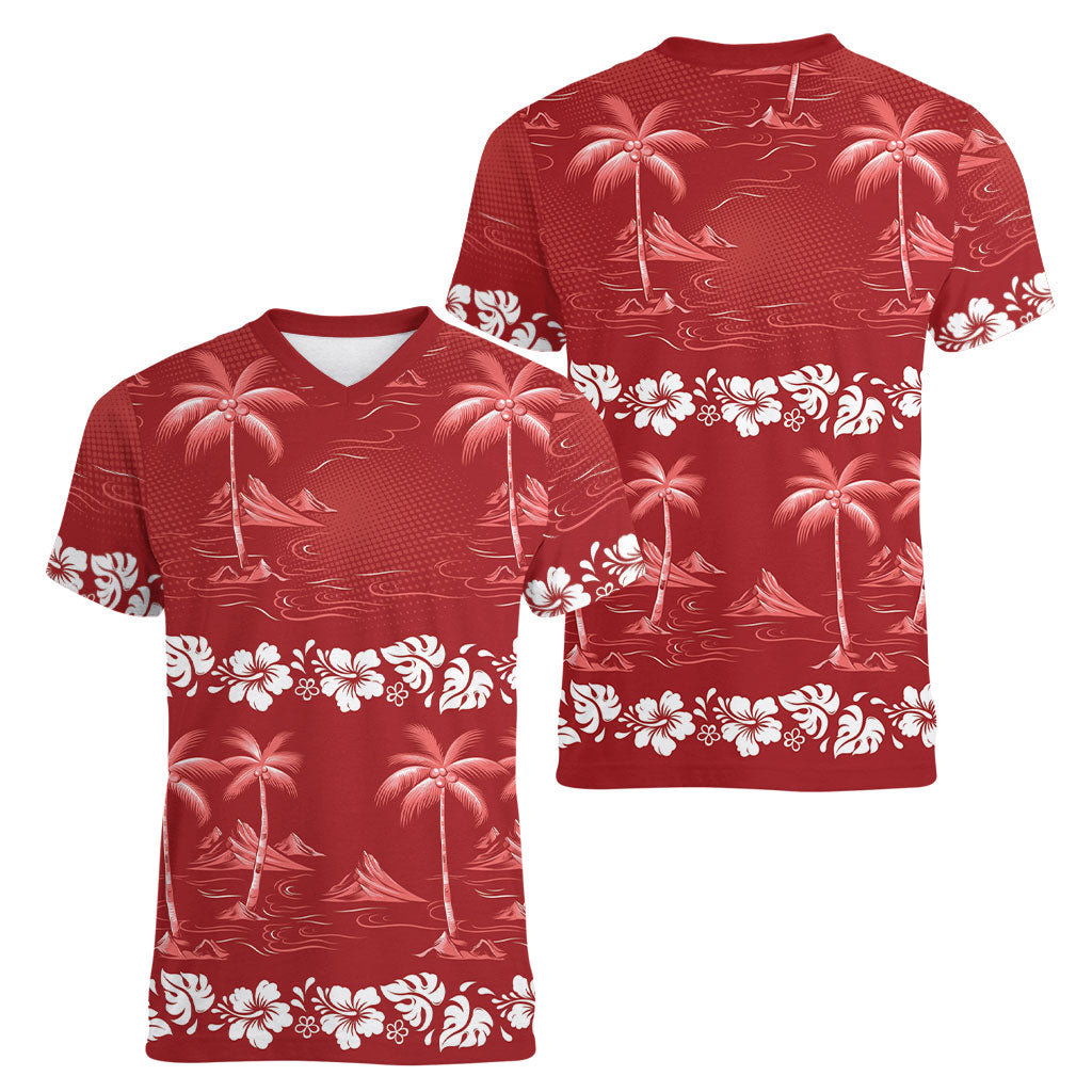 Red Hawaii Palm Tree Hibiscus Women V-Neck T-Shirt Fantasy Summer Vibe LT01 - Polynesian Pride