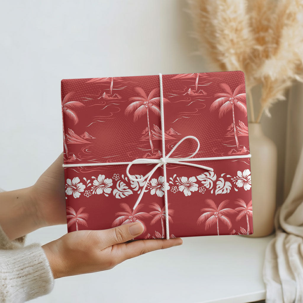 Red Hawaii Palm Tree Hibiscus Wrapping Paper Fantasy Summer Vibe LT01 - Polynesian Pride