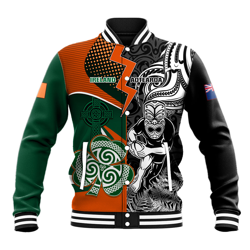 New Zealand and Ireland Rugby Baseball Jacket Silver Fern With Shamrock 2023 World Cup LT01 Unisex Art - Polynesian Pride