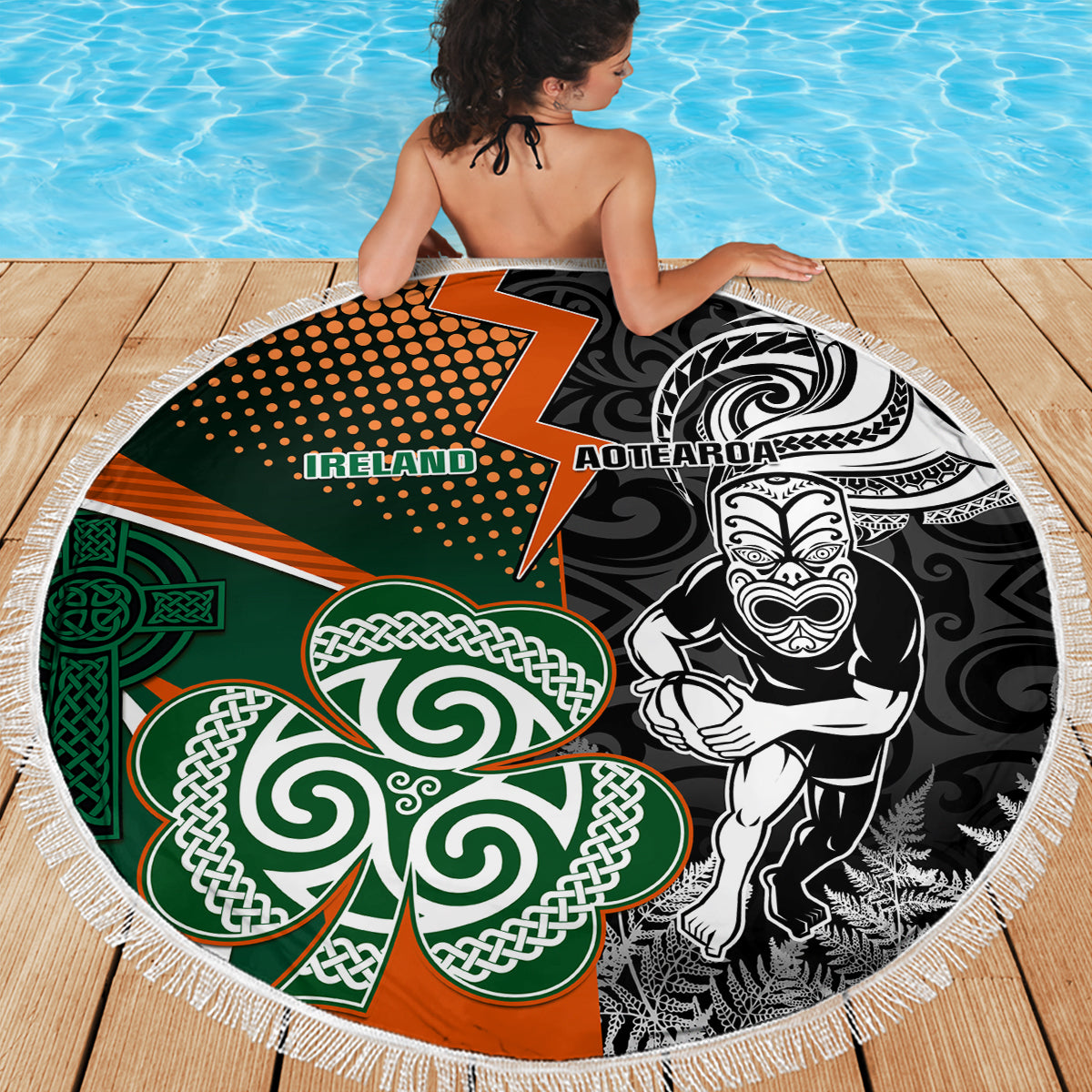 New Zealand and Ireland Rugby Beach Blanket Silver Fern With Shamrock 2023 World Cup LT01 - Wonder Print Shop