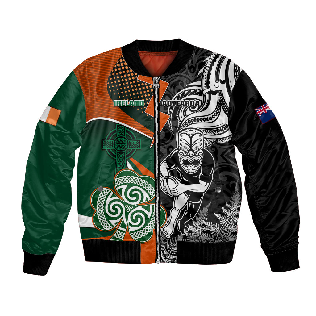 New Zealand and Ireland Rugby Bomber Jacket Silver Fern With Shamrock 2023 World Cup LT01 Unisex Art - Polynesian Pride