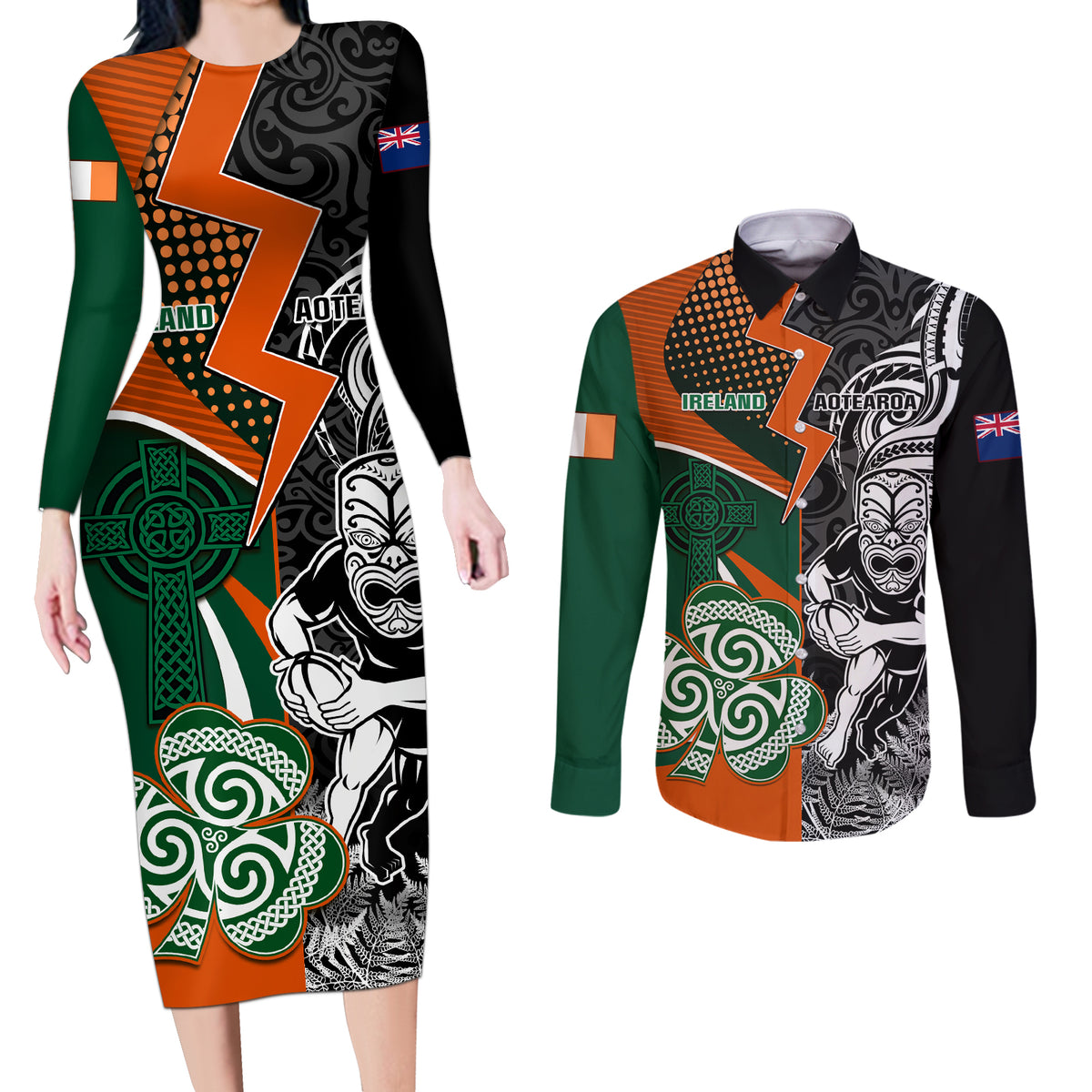 New Zealand and Ireland Rugby Couples Matching Long Sleeve Bodycon Dress and Long Sleeve Button Shirts Silver Fern With Shamrock 2023 World Cup LT01 Art - Polynesian Pride