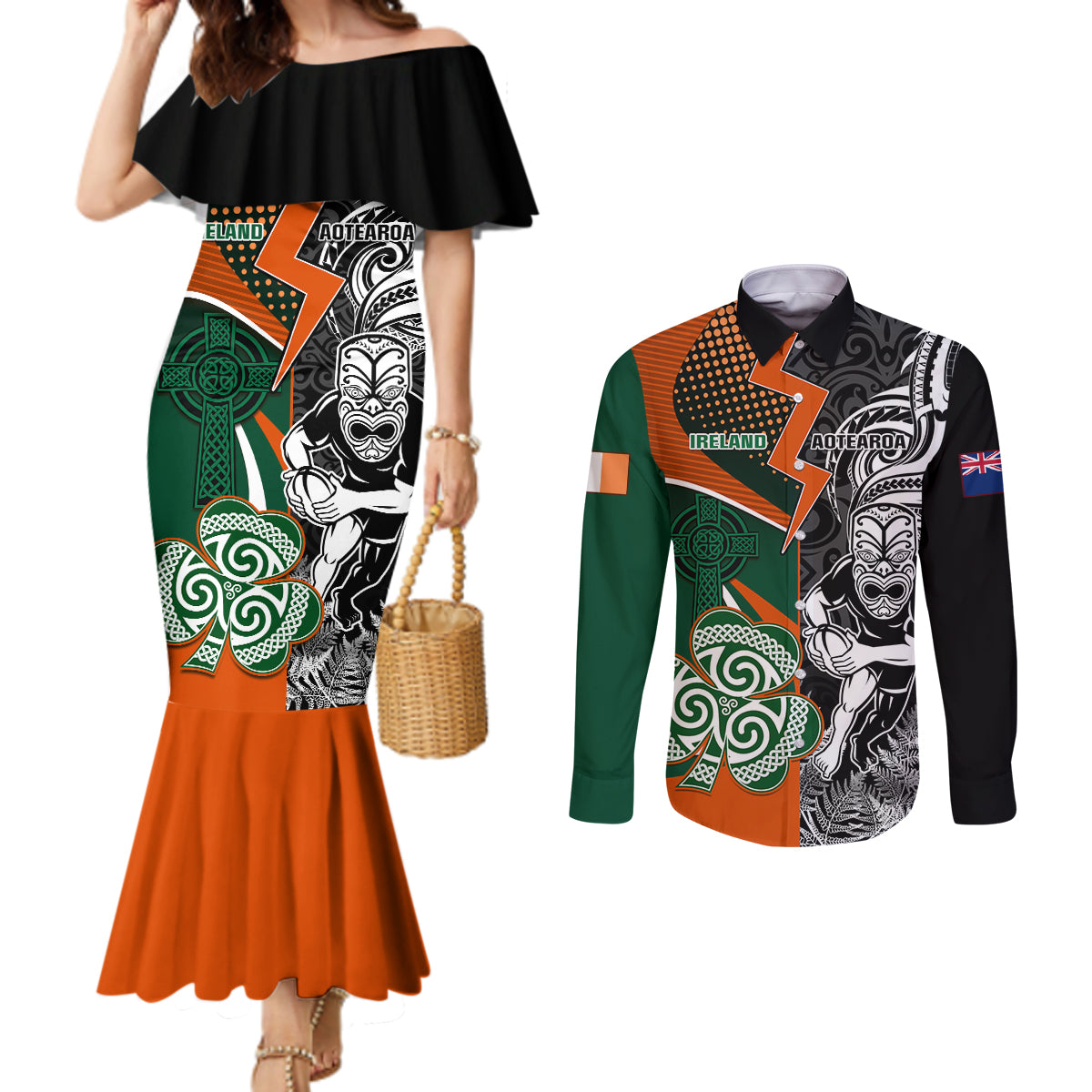 New Zealand and Ireland Rugby Couples Matching Mermaid Dress and Long Sleeve Button Shirts Silver Fern With Shamrock 2023 World Cup LT01 Art - Polynesian Pride