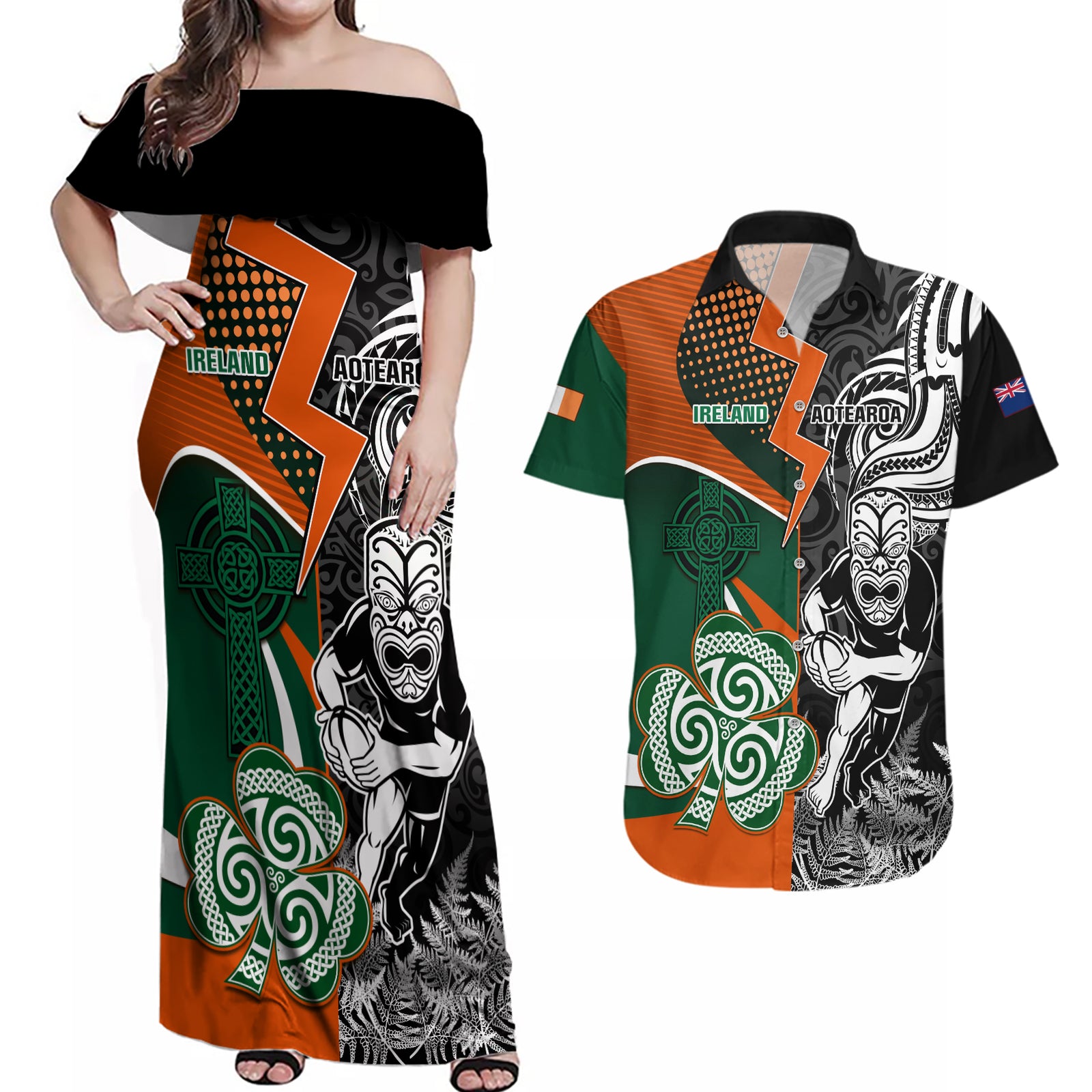 New Zealand and Ireland Rugby Couples Matching Off Shoulder Maxi Dress and Hawaiian Shirt Silver Fern With Shamrock 2023 World Cup LT01 Art - Polynesian Pride