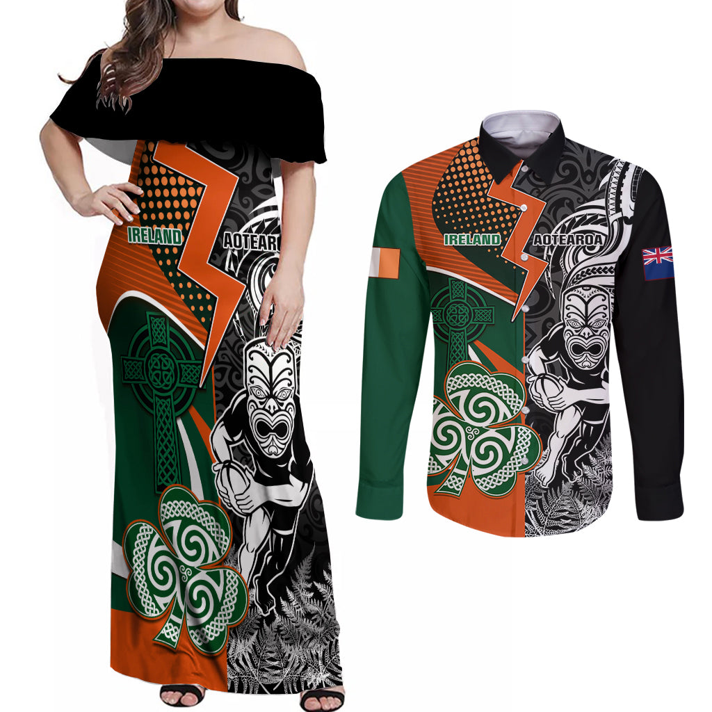 New Zealand and Ireland Rugby Couples Matching Off Shoulder Maxi Dress and Long Sleeve Button Shirts Silver Fern With Shamrock 2023 World Cup LT01 Art - Polynesian Pride