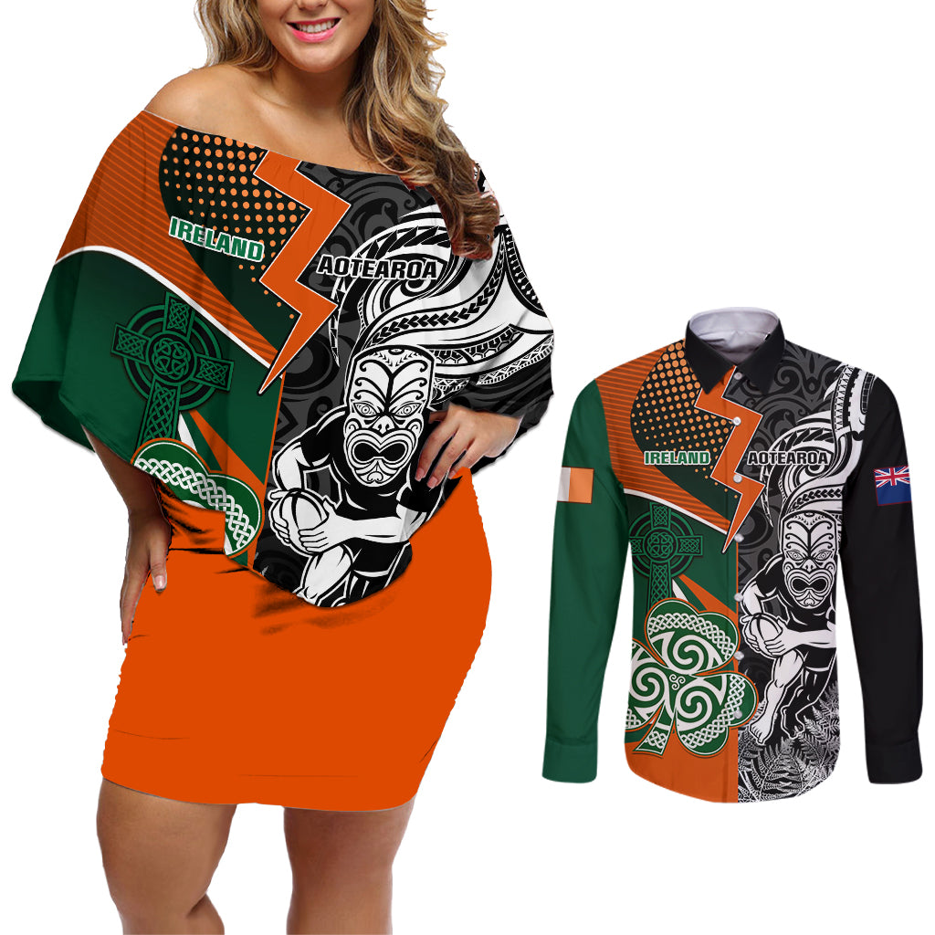 New Zealand and Ireland Rugby Couples Matching Off Shoulder Short Dress and Long Sleeve Button Shirts Silver Fern With Shamrock 2023 World Cup LT01 Art - Polynesian Pride