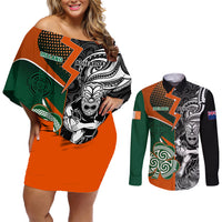 New Zealand and Ireland Rugby Couples Matching Off Shoulder Short Dress and Long Sleeve Button Shirts Silver Fern With Shamrock 2023 World Cup LT01 Art - Polynesian Pride