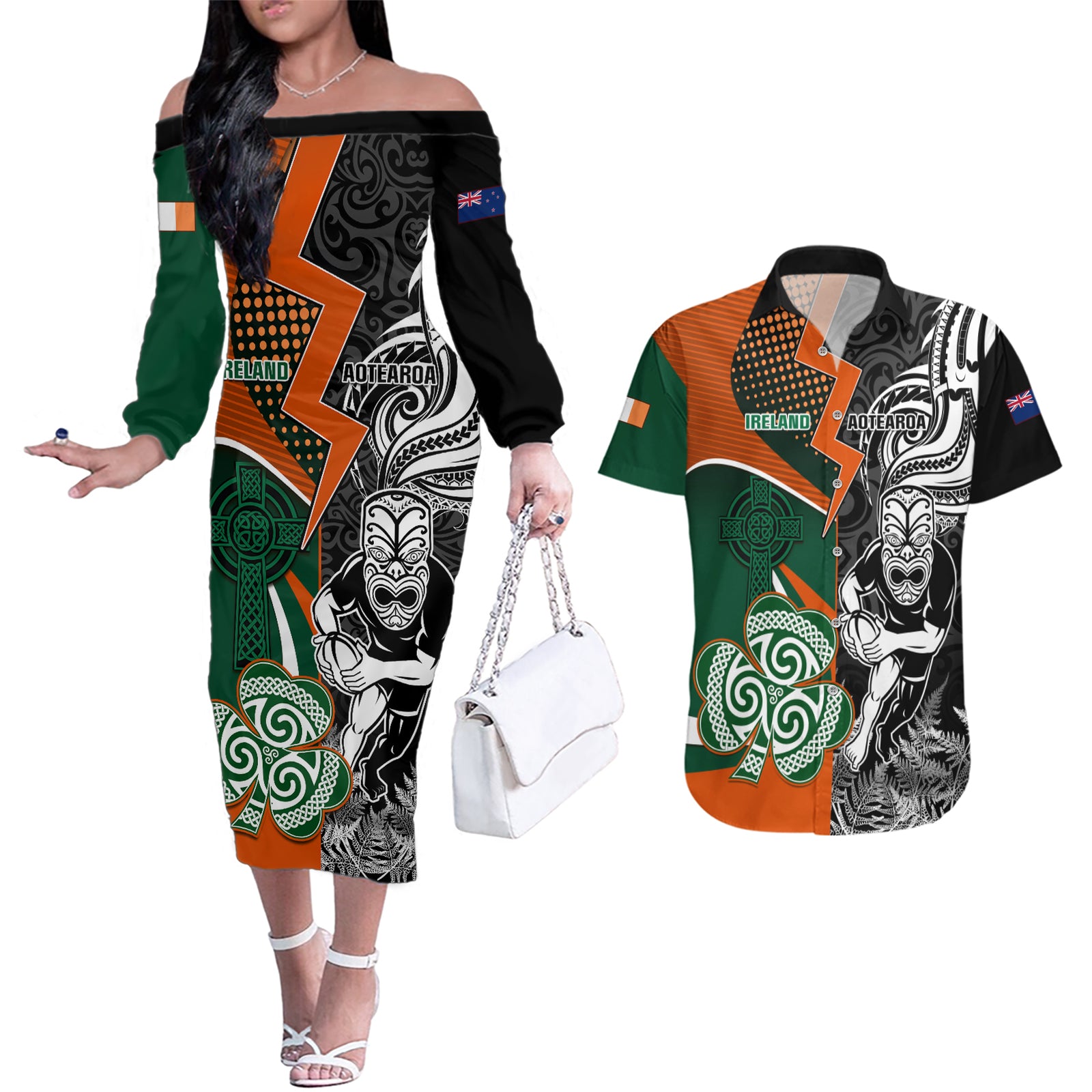New Zealand and Ireland Rugby Couples Matching Off The Shoulder Long Sleeve Dress and Hawaiian Shirt Silver Fern With Shamrock 2023 World Cup LT01 Art - Polynesian Pride