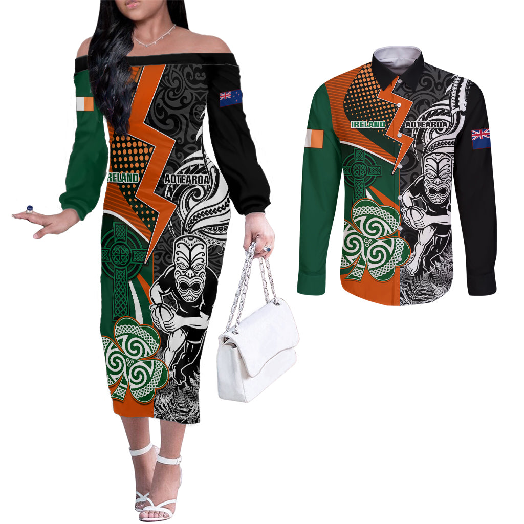 New Zealand and Ireland Rugby Couples Matching Off The Shoulder Long Sleeve Dress and Long Sleeve Button Shirts Silver Fern With Shamrock 2023 World Cup LT01 Art - Polynesian Pride