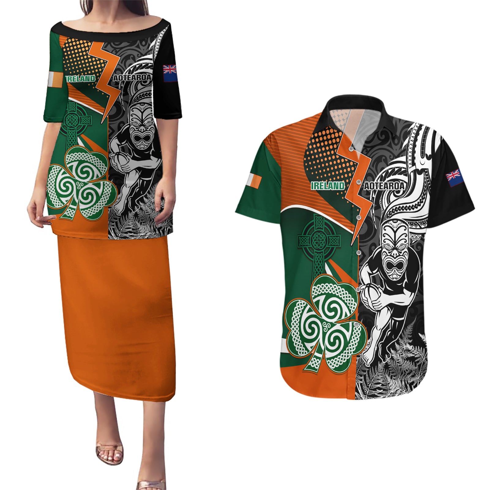 New Zealand and Ireland Rugby Couples Matching Puletasi Dress and Hawaiian Shirt Silver Fern With Shamrock 2023 World Cup LT01 Art - Polynesian Pride