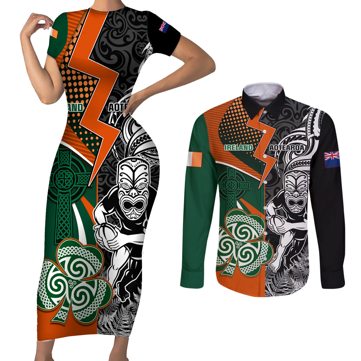 New Zealand and Ireland Rugby Couples Matching Short Sleeve Bodycon Dress and Long Sleeve Button Shirts Silver Fern With Shamrock 2023 World Cup LT01 Art - Polynesian Pride