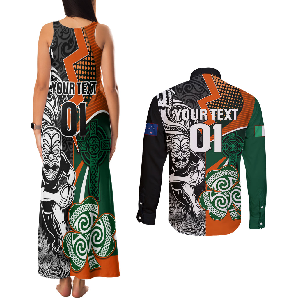 New Zealand and Ireland Rugby Couples Matching Tank Maxi Dress and Long Sleeve Button Shirts Silver Fern With Shamrock 2023 World Cup LT01 - Polynesian Pride