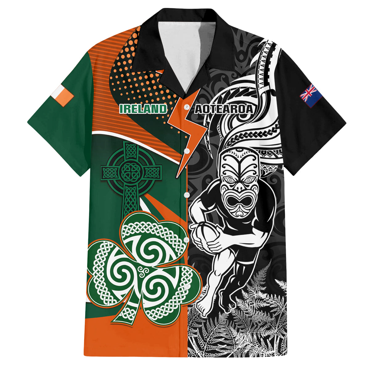 New Zealand and Ireland Rugby Family Matching Off Shoulder Short Dress and Hawaiian Shirt Silver Fern With Shamrock 2023 World Cup LT01 Dad's Shirt - Short Sleeve Art - Polynesian Pride