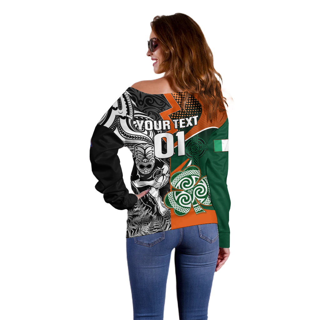 New Zealand and Ireland Rugby Off Shoulder Sweater Silver Fern With Shamrock 2023 World Cup LT01 - Polynesian Pride