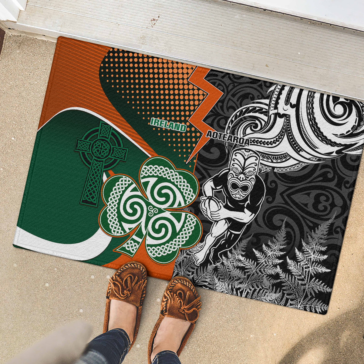 New Zealand and Ireland Rugby Rubber Doormat Silver Fern With Shamrock 2023 World Cup LT01 - Polynesian Pride