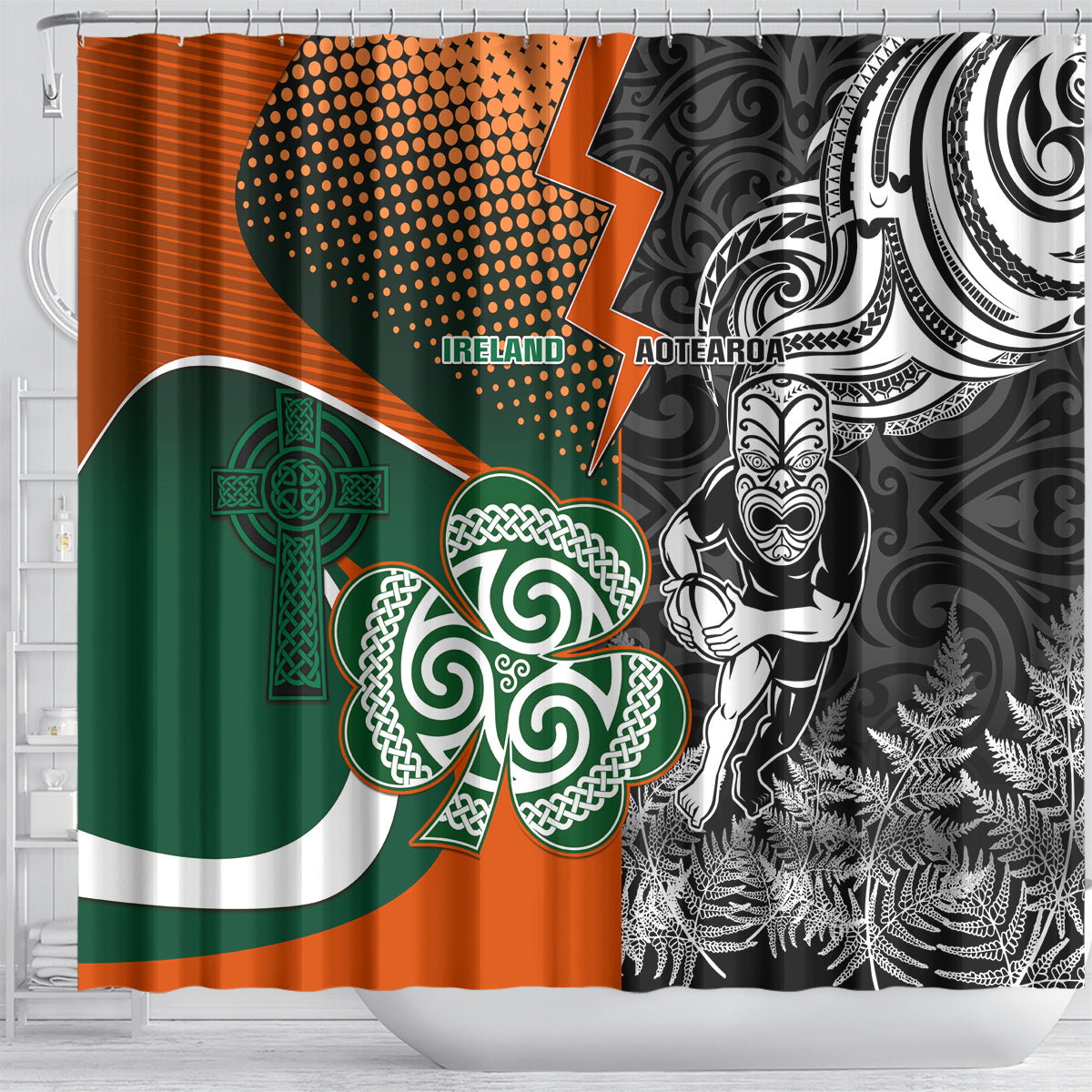 New Zealand and Ireland Rugby Shower Curtain Silver Fern With Shamrock 2023 World Cup LT01 - Polynesian Pride