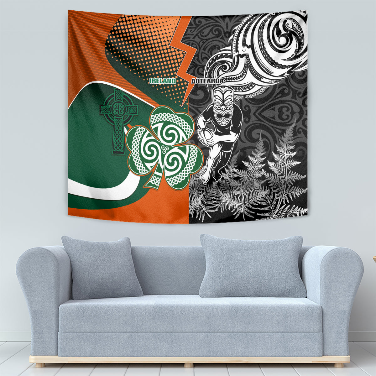 New Zealand and Ireland Rugby Tapestry Silver Fern With Shamrock 2023 World Cup LT01 - Polynesian Pride