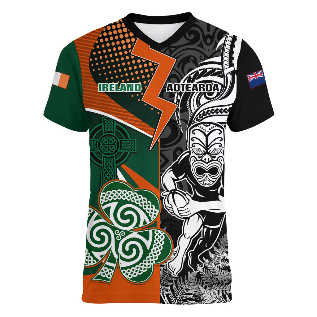 New Zealand and Ireland Rugby Women V Neck T Shirt Silver Fern With Shamrock 2023 World Cup LT01 Female Art - Polynesian Pride