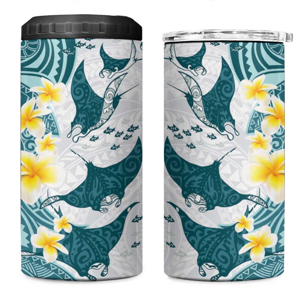 Maori Manta Ray Plumeria Teal 4 in 1 Can Cooler Tumbler