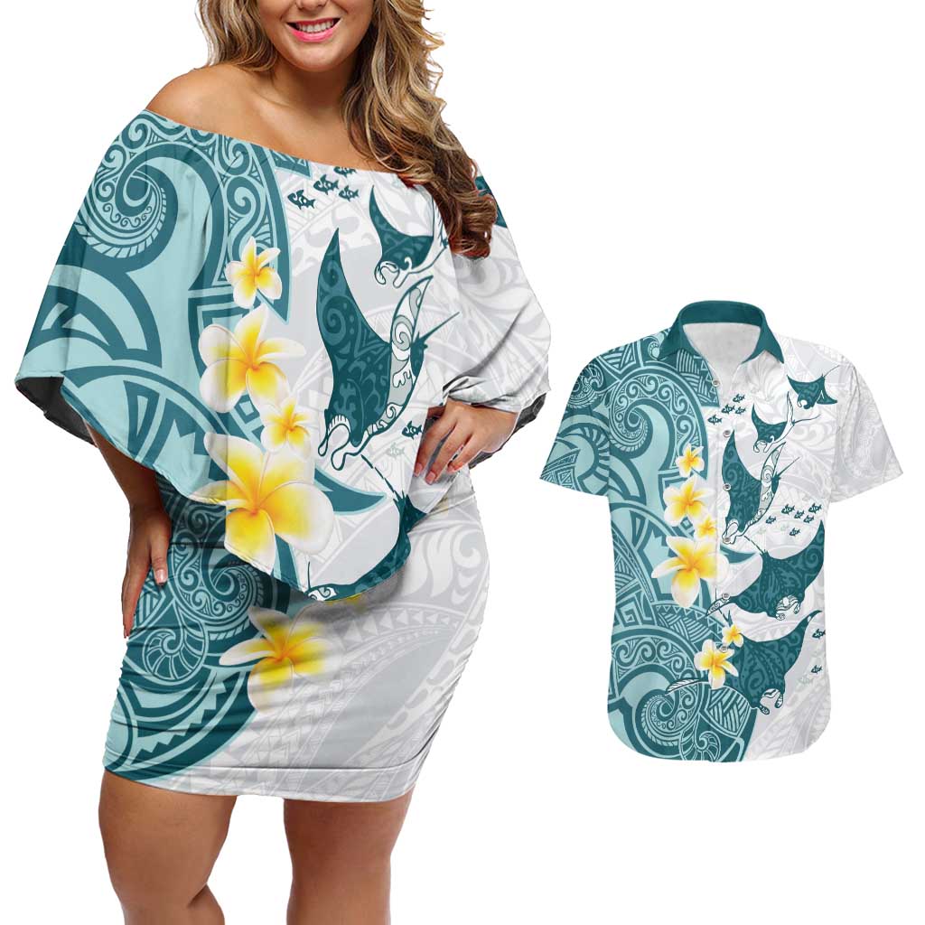 Maori Manta Ray Plumeria Teal Couples Matching Off Shoulder Short Dress and Hawaiian Shirt