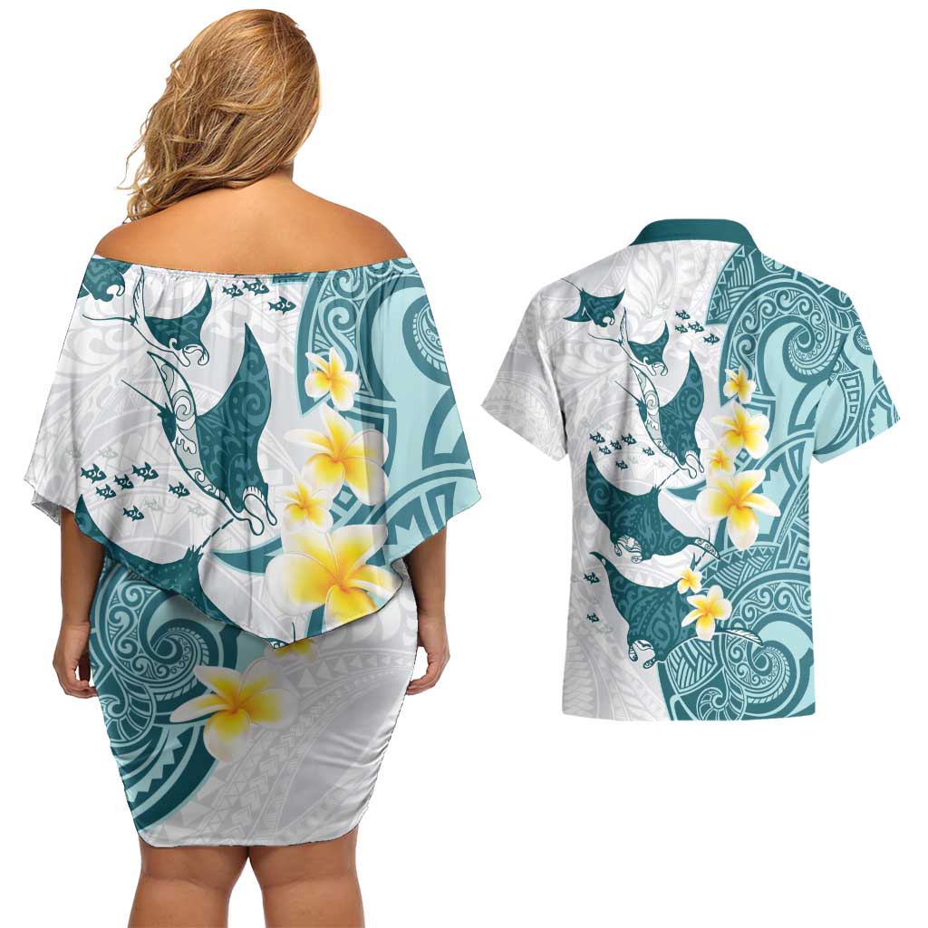 Maori Manta Ray Plumeria Teal Couples Matching Off Shoulder Short Dress and Hawaiian Shirt