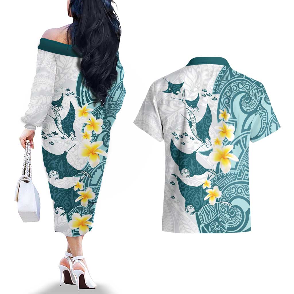 Maori Manta Ray Plumeria Teal Couples Matching Off The Shoulder Long Sleeve Dress and Hawaiian Shirt