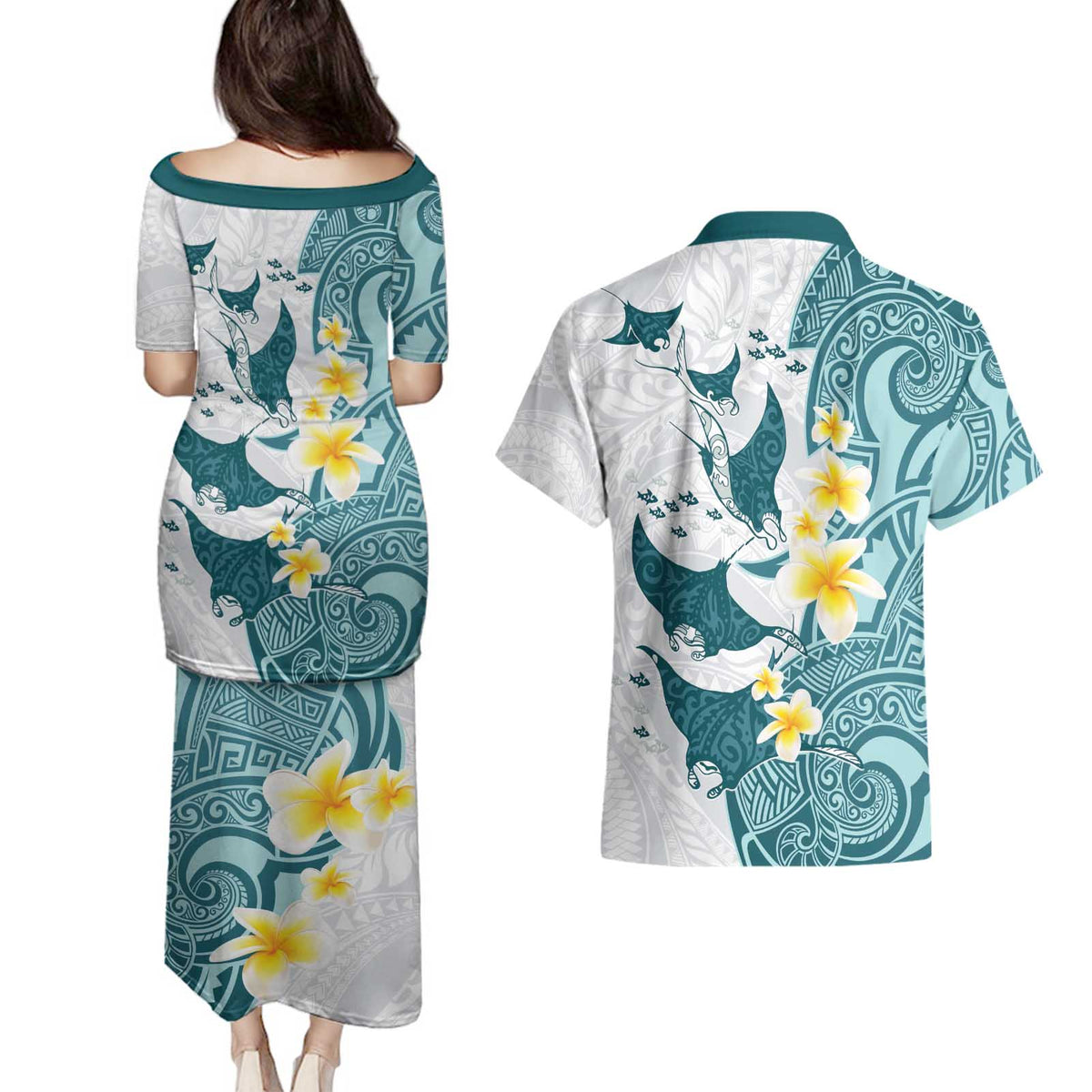 Maori Manta Ray Plumeria Teal Couples Matching Puletasi and Hawaiian Shirt