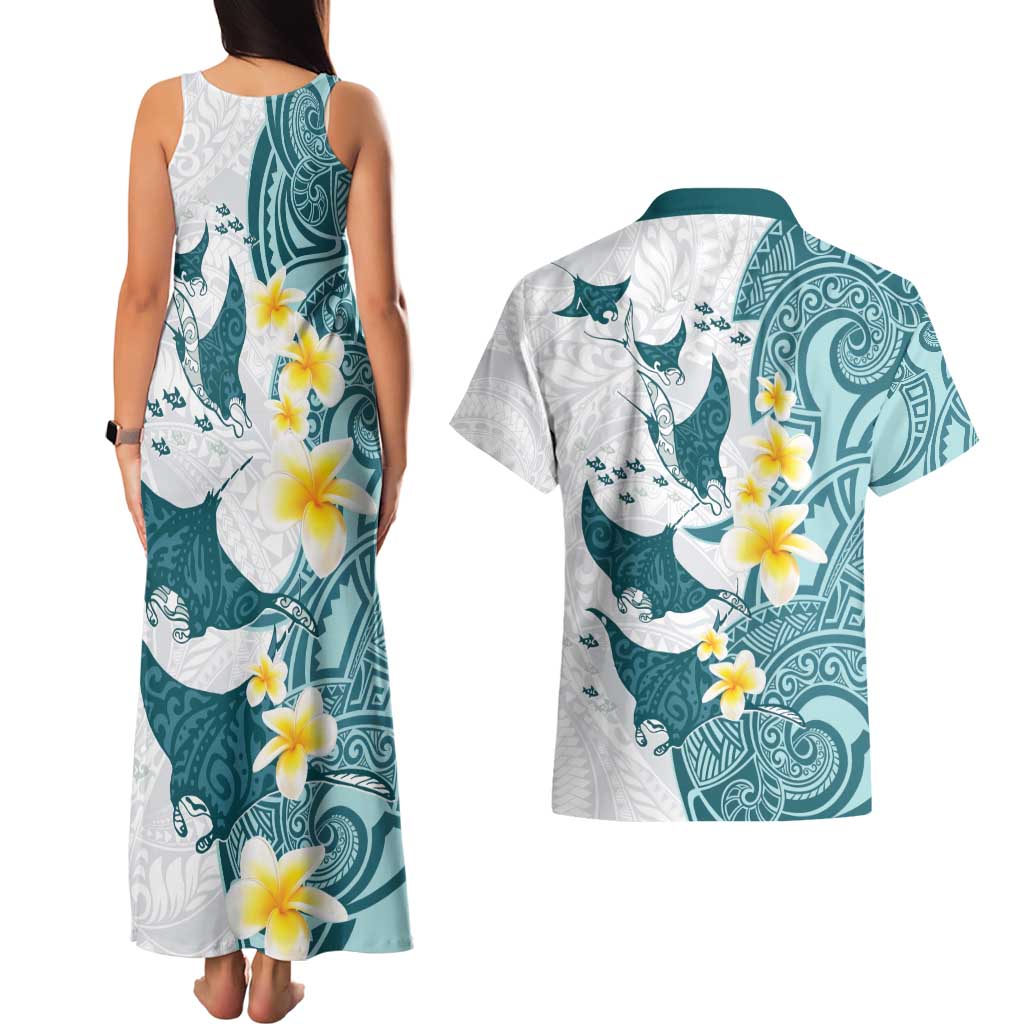 Maori Manta Ray Plumeria Teal Couples Matching Tank Maxi Dress and Hawaiian Shirt