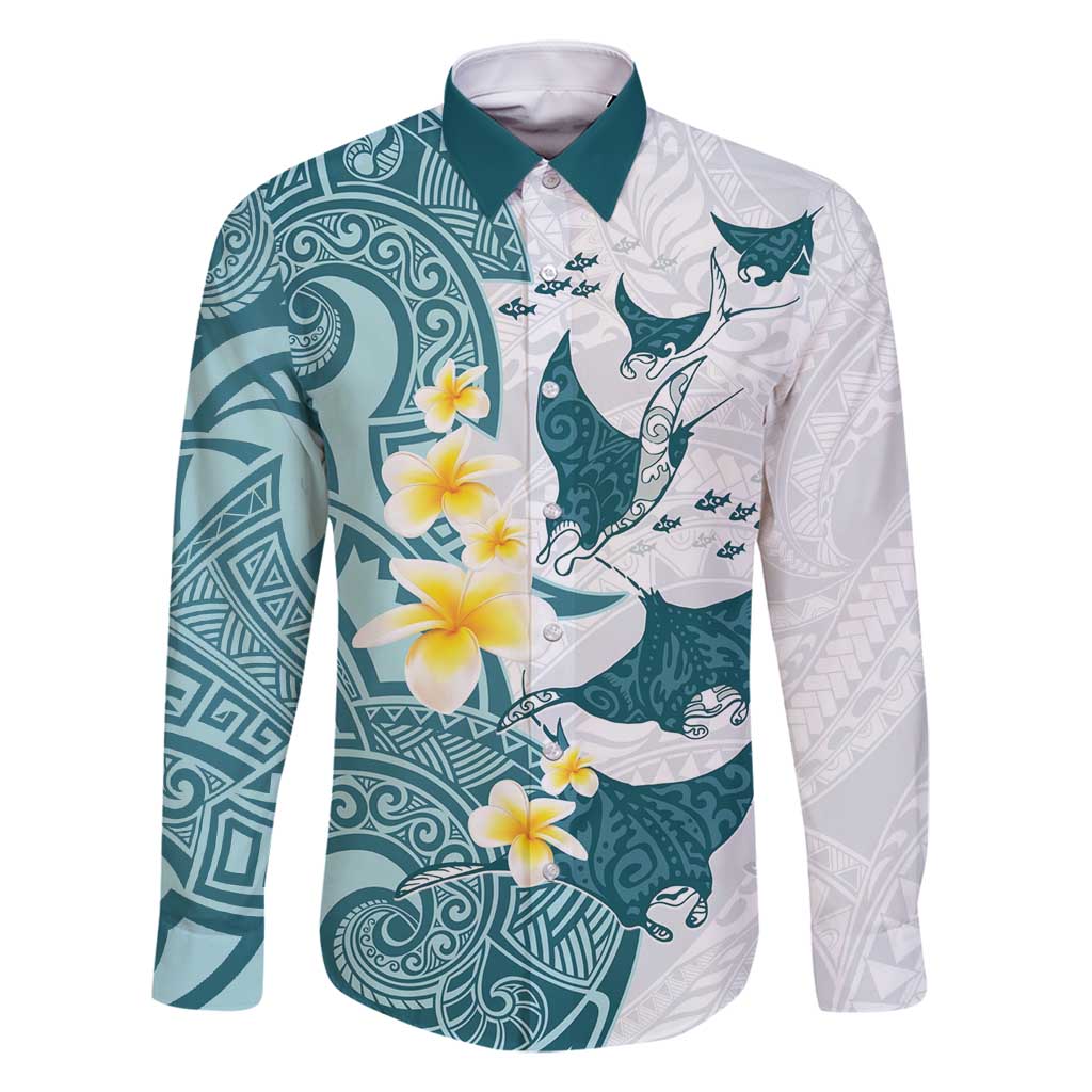 Maori Manta Ray Plumeria Teal Family Matching Long Sleeve Bodycon Dress and Hawaiian Shirt