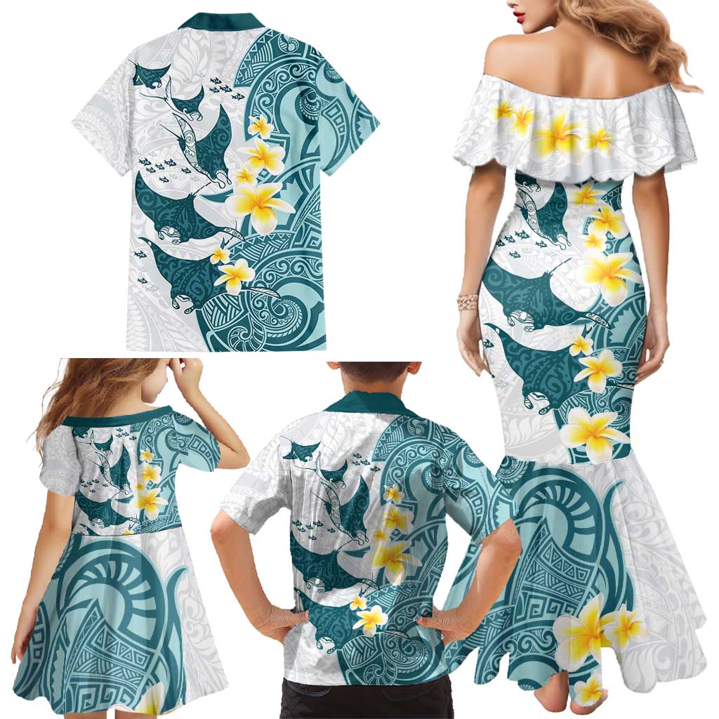 Maori Manta Ray Plumeria Teal Family Matching Mermaid Dress and Hawaiian Shirt