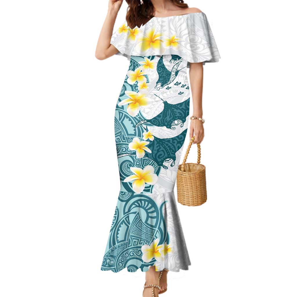 Maori Manta Ray Plumeria Teal Family Matching Mermaid Dress and Hawaiian Shirt