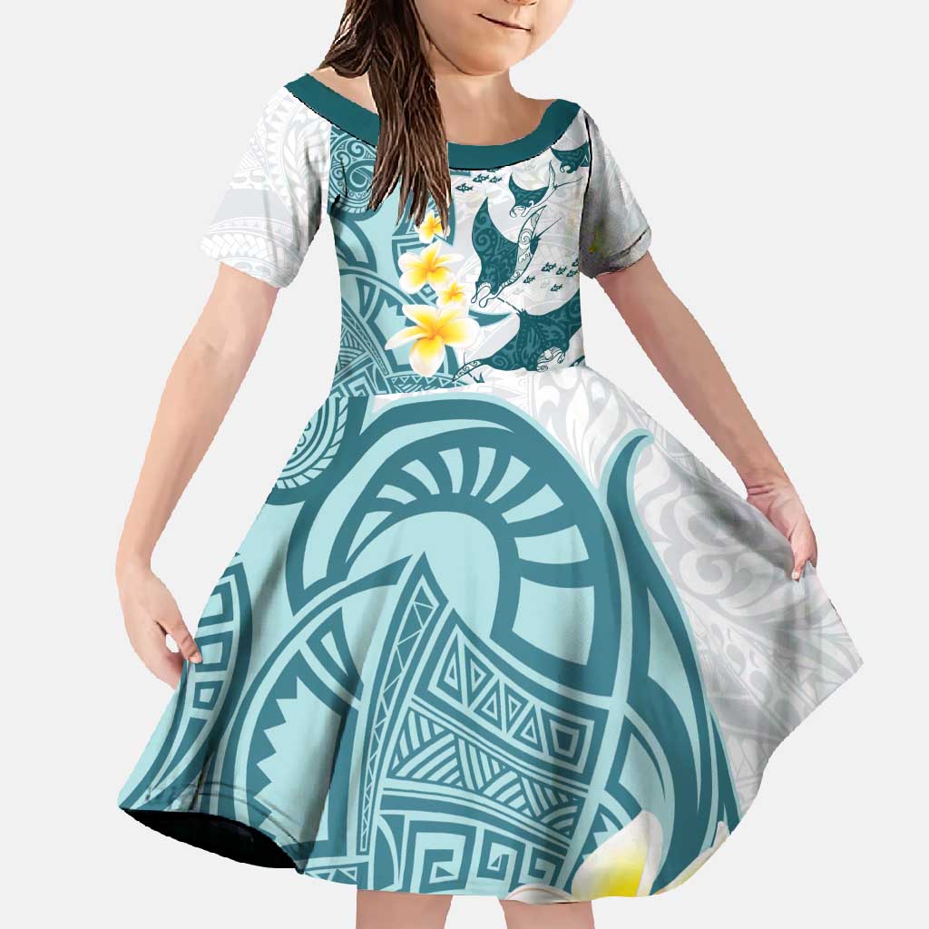 Maori Manta Ray Plumeria Teal Family Matching Off Shoulder Maxi Dress and Hawaiian Shirt