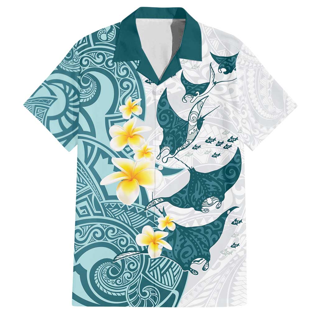 Maori Manta Ray Plumeria Teal Family Matching Off Shoulder Maxi Dress and Hawaiian Shirt