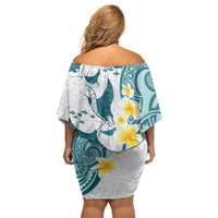 Maori Manta Ray Plumeria Teal Family Matching Off Shoulder Short Dress and Hawaiian Shirt