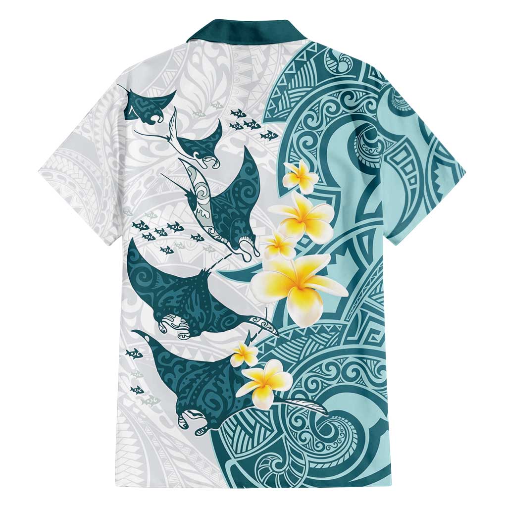 Maori Manta Ray Plumeria Teal Family Matching Puletasi and Hawaiian Shirt