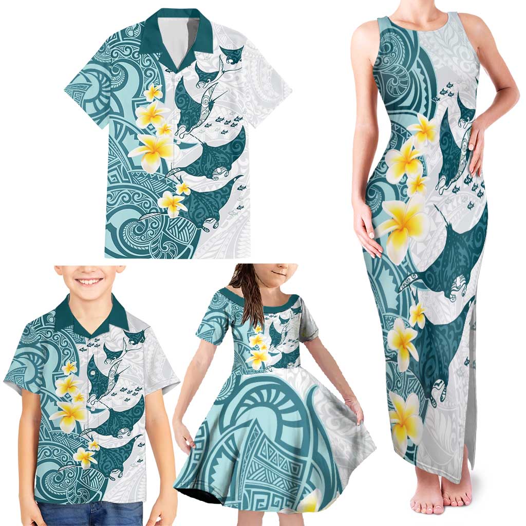 Maori Manta Ray Plumeria Teal Family Matching Tank Maxi Dress and Hawaiian Shirt