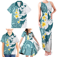Maori Manta Ray Plumeria Teal Family Matching Tank Maxi Dress and Hawaiian Shirt