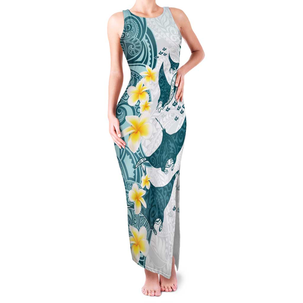 Maori Manta Ray Plumeria Teal Family Matching Tank Maxi Dress and Hawaiian Shirt
