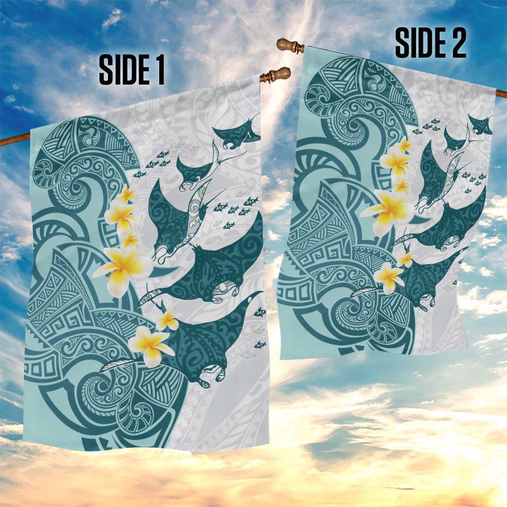 Maori Manta Ray Plumeria Teal Garden Flag