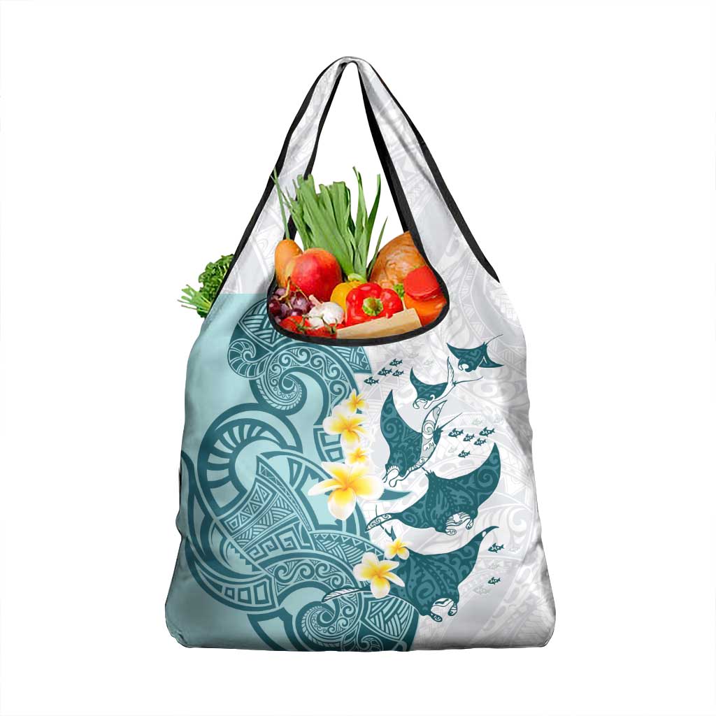 Maori Manta Ray Plumeria Teal Grocery Bag