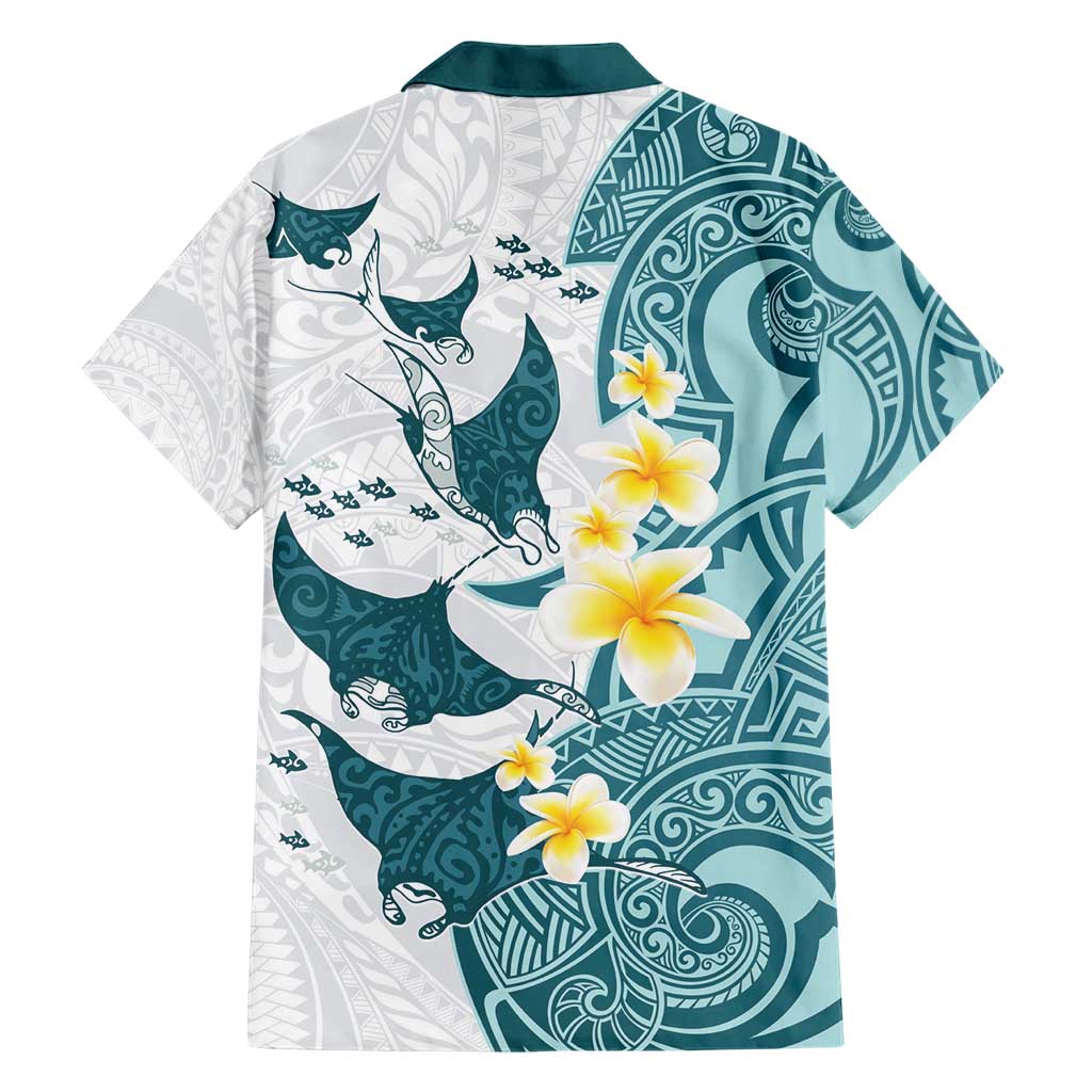 Maori Manta Ray Plumeria Teal Hawaiian Shirt