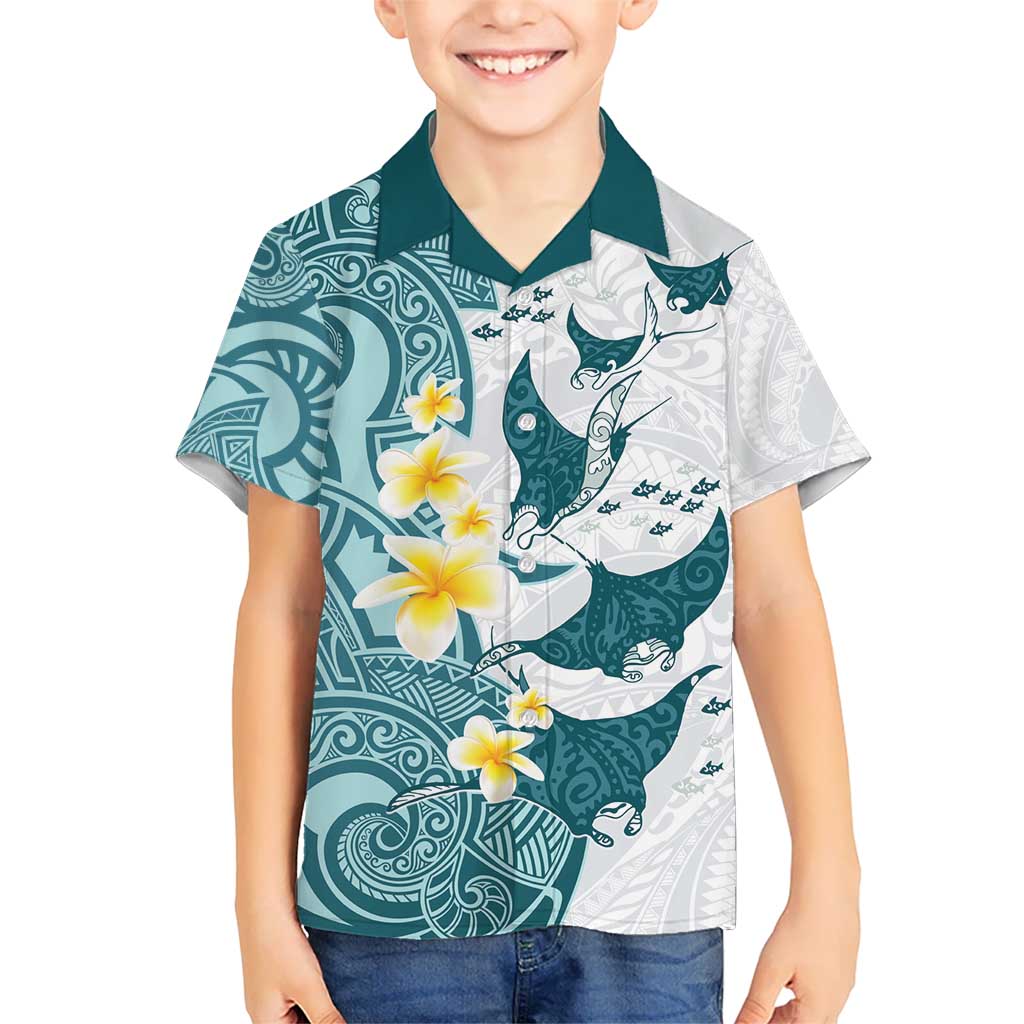 Maori Manta Ray Plumeria Teal Kid Hawaiian Shirt