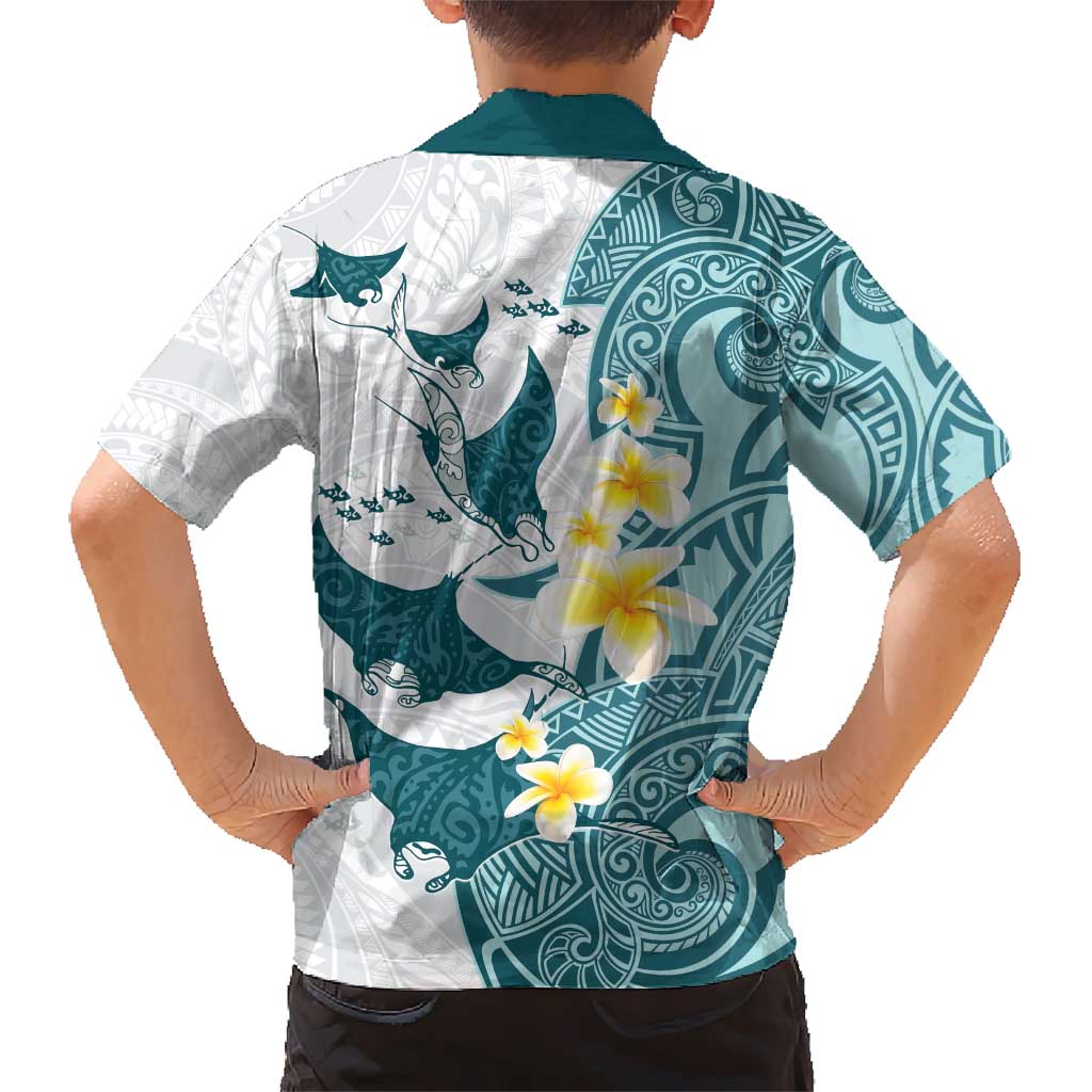 Maori Manta Ray Plumeria Teal Kid Hawaiian Shirt