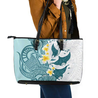 Maori Manta Ray Plumeria Teal Leather Tote Bag