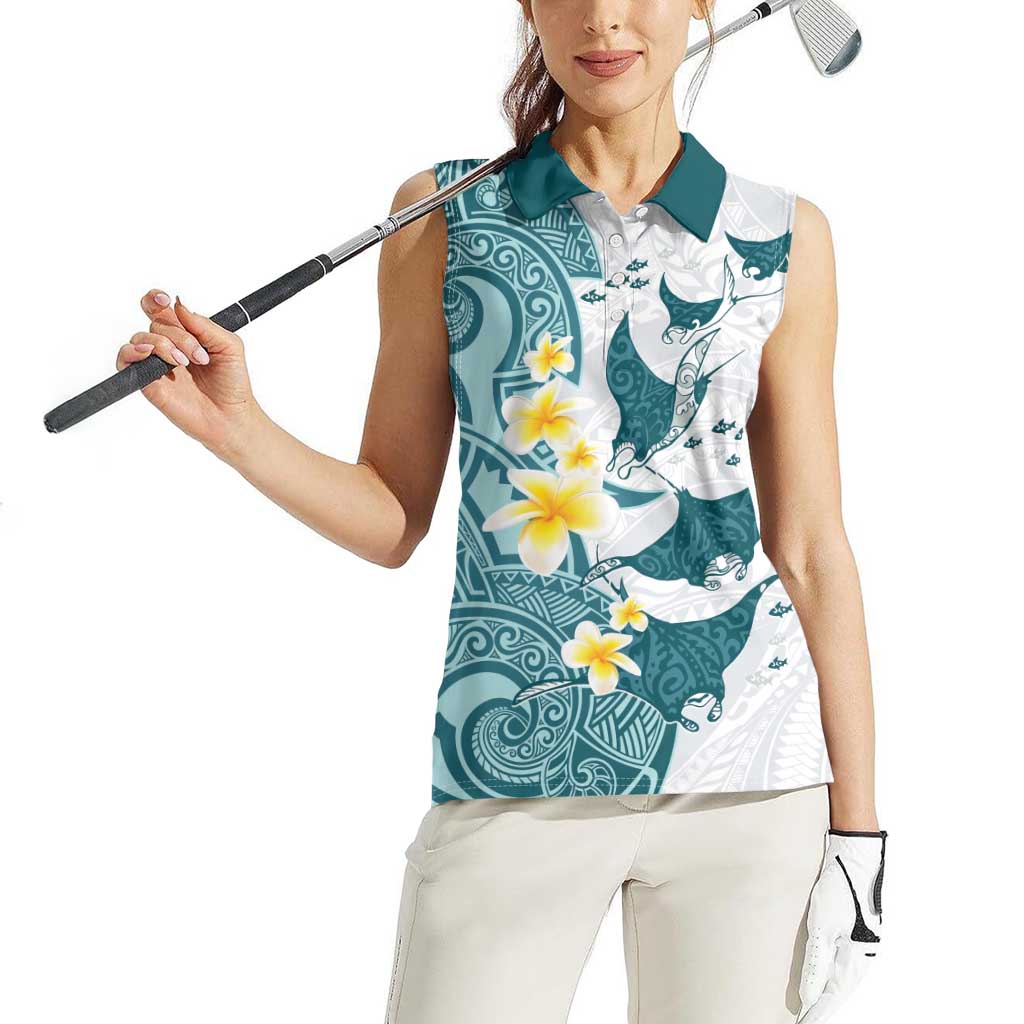 Maori Manta Ray Plumeria Teal Women Sleeveless Polo Shirt