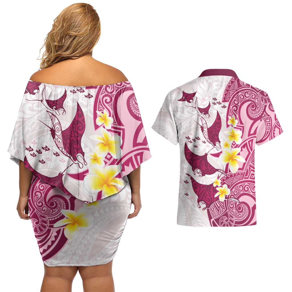 Maori Manta Ray Plumeria Royal Pink Couples Matching Off Shoulder Short Dress and Hawaiian Shirt