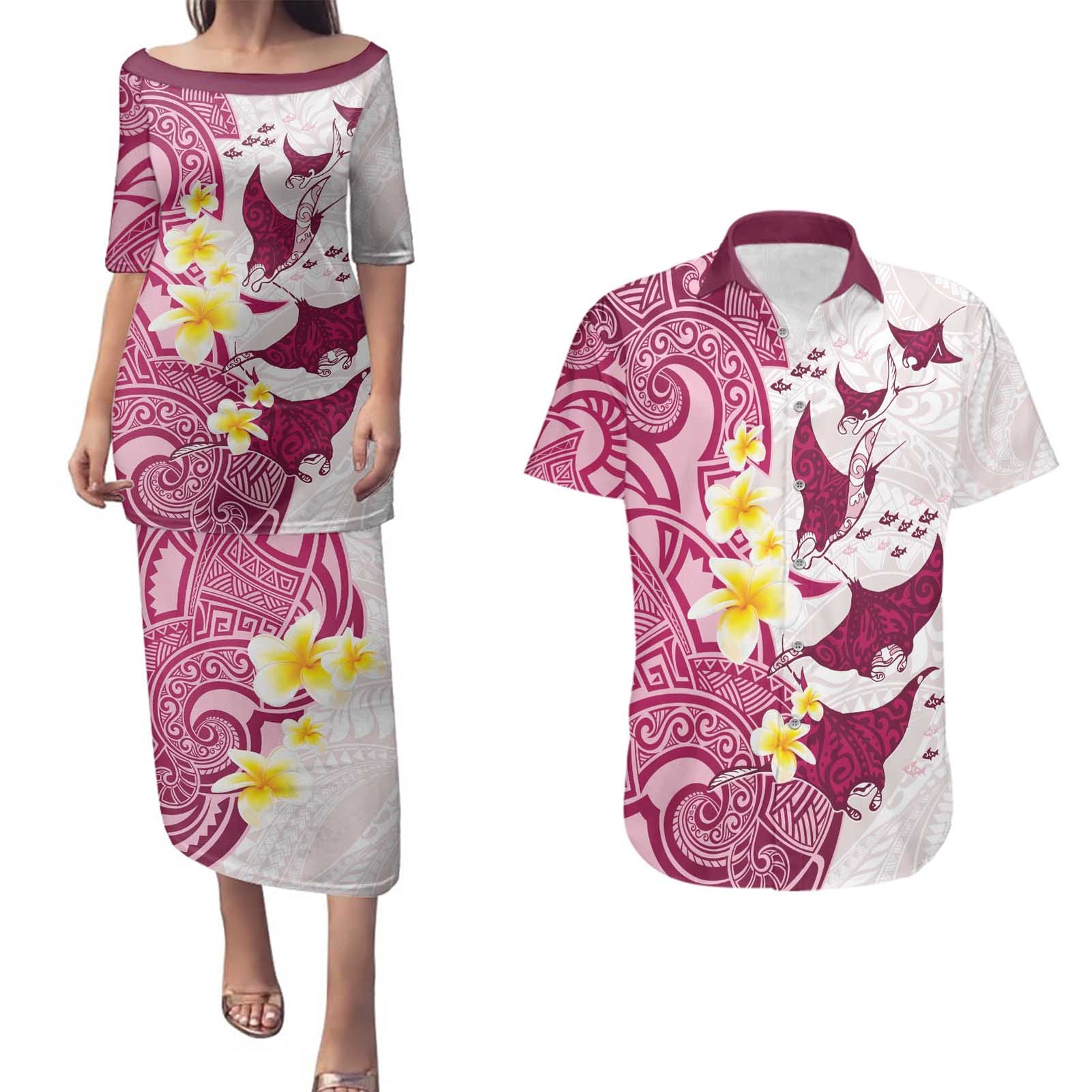 Maori Manta Ray Plumeria Royal Pink Couples Matching Puletasi and Hawaiian Shirt
