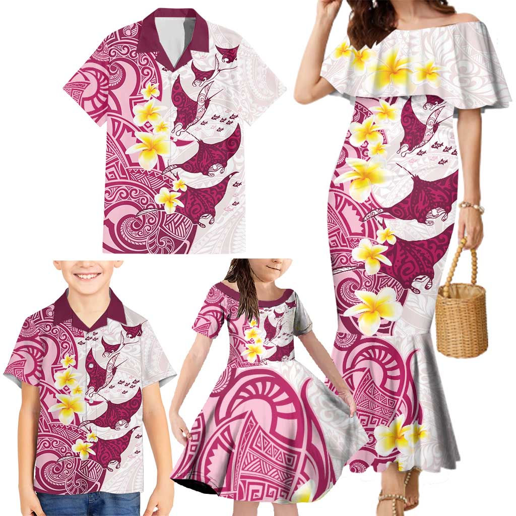 Maori Manta Ray Plumeria Royal Pink Family Matching Mermaid Dress and Hawaiian Shirt