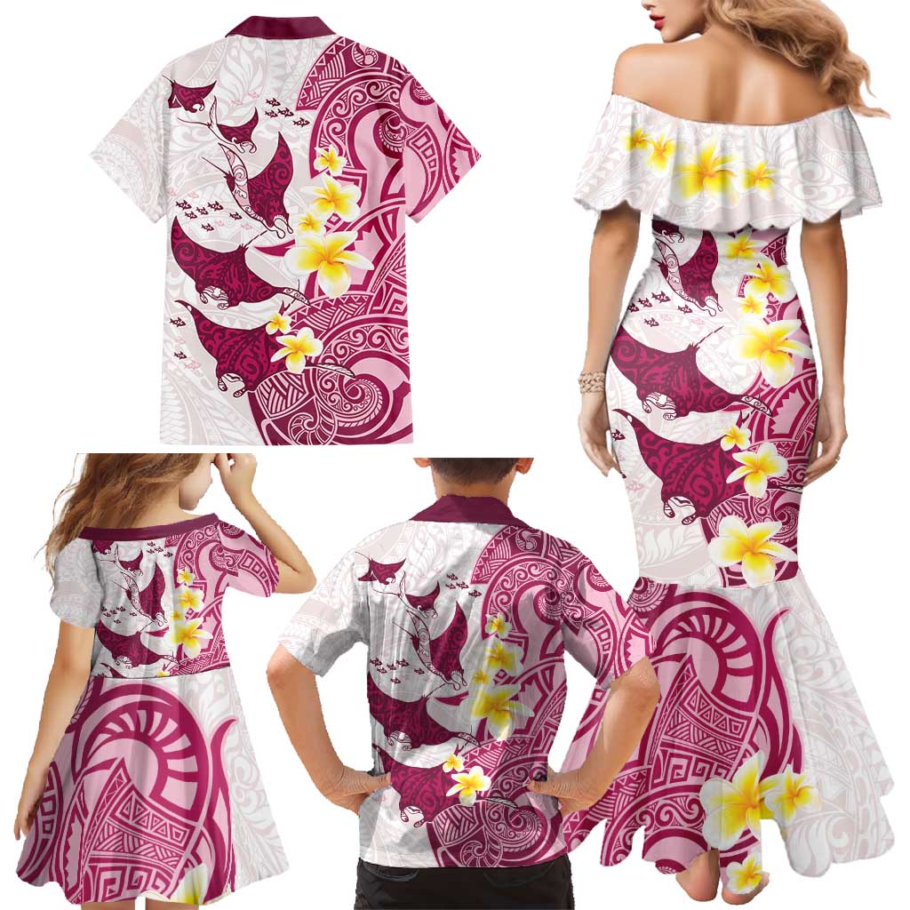 Maori Manta Ray Plumeria Royal Pink Family Matching Mermaid Dress and Hawaiian Shirt